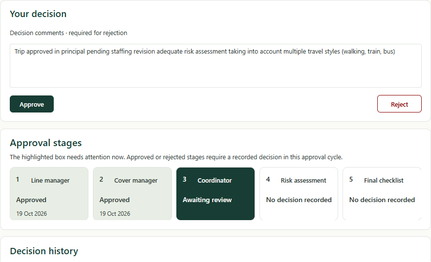 Decision comments, Approve and Reject controls, and five approval stages with their current statuses.