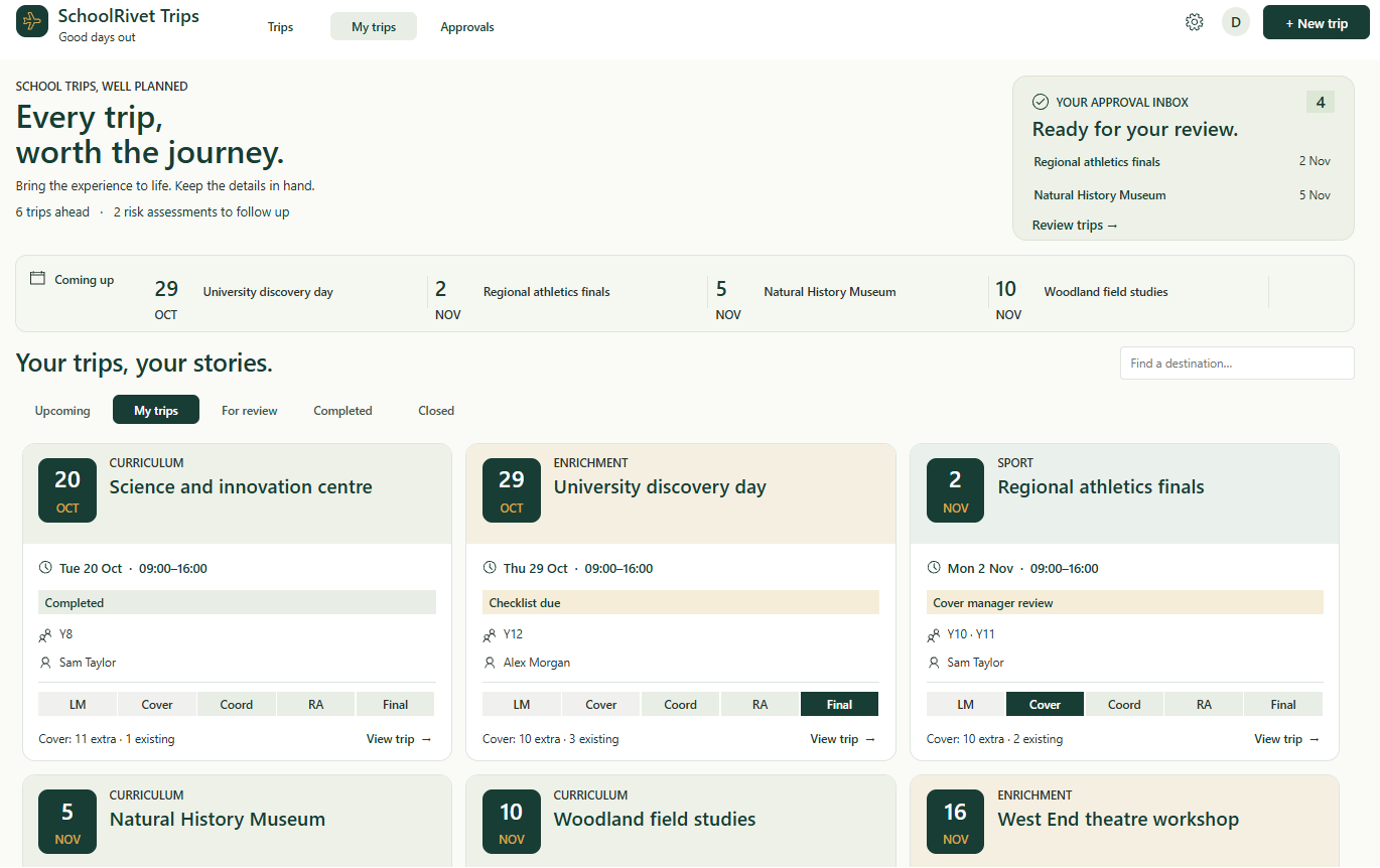 My Trips view showing visits associated with the current user.
