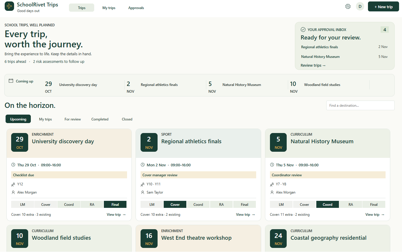 SchoolRivet Trips dashboard with upcoming visits, an approval inbox and trip cards.