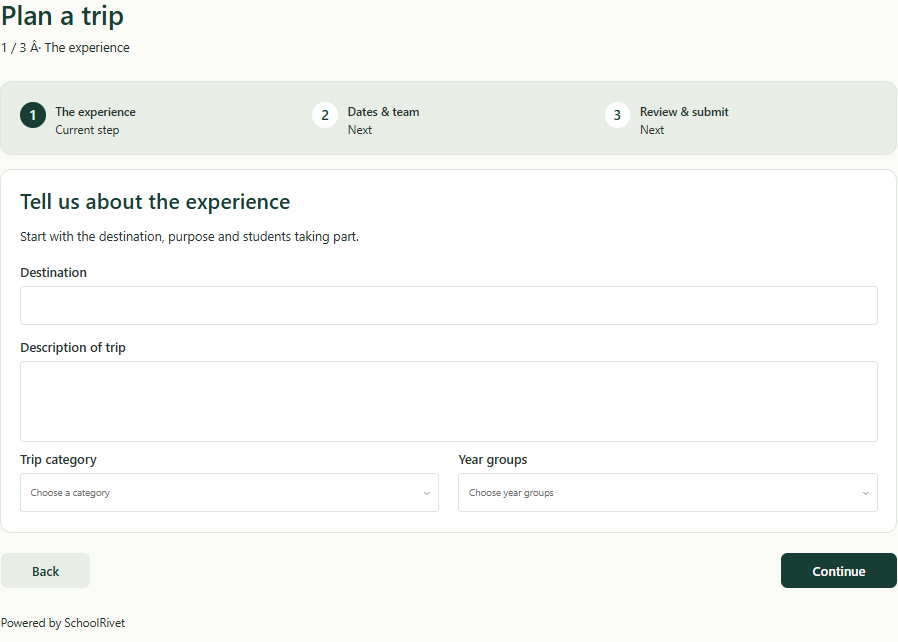 First trip-planning step with destination, description, category and year-group fields.