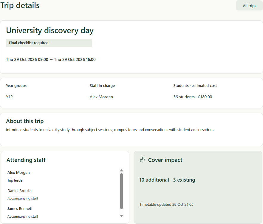University discovery day details with dates, year group, estimated cost, attending staff and cover impact.